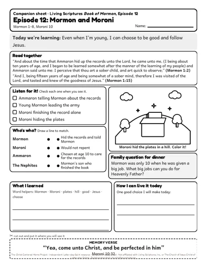 Preview of the kids’ companion sheet for episode 12, Mormon and Moroni